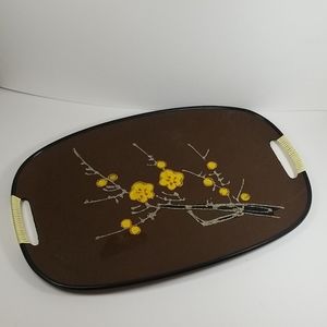 Mid Century Large Oval Tray Brown Yellow Flowers